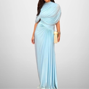 Elegant Standing Collar Pleated Slim Fit Maxi Dress For Women Solid Color Cap Sleeve Evening Party Banquet Gown Vestidos