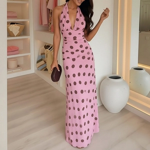 Elegant pink V-neck halter maxi dress with brown polka dots and slim fit design