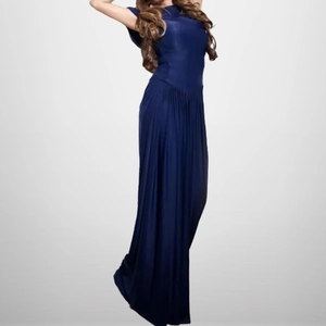 Elegant navy blue sleeveless maxi dress with slim fit and waist pleat details