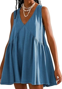 Detailed close-up of blue-grey V-neck sleeveless mini dress with pleated waist design