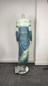 Detail of elegant landscape print dress featuring side ruching and floor-length mesh fabric