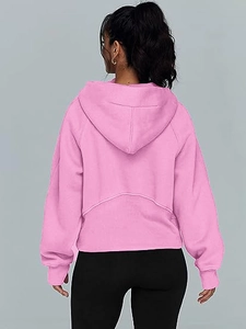 Rear view of a pink half-zip hoodie with raglan sleeves and V-shaped back seam detail