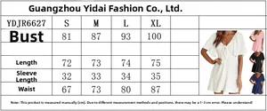 Size chart for V-neck mini dress with bow tie detail, measurements for S to XL sizes