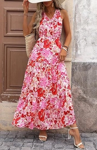 Detailed view of the V-neck and vibrant floral pattern on the sleeveless maxi dress