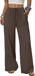 Detail of dark brown wide-leg pants with elastic drawstring waist and side pockets