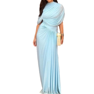 Elegant light blue long evening dress with high neck and waist pleated design