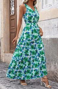 Detail of V-neck sleeveless maxi dress with abstract blue and green floral print