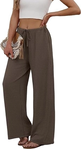 Detail shot of high-waisted elastic drawstring waist and vertical crinkle texture fabric
