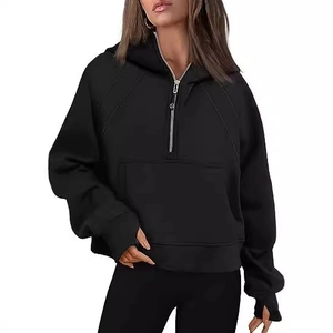 Women black half-zip hoodie with kangaroo pocket and thumb holes for fitness and yoga