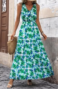 Detail of V-neck sleeveless floral maxi dress with layered tiered skirt for women