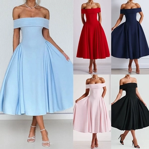 Donna Elegante Vestito Maxi a Spalle Scoperte Tinta Unita Plissettato a Linea A Abito da Sera Ballo Senza Maniche