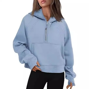 Light blue half-zip hoodie for women with thumbholes and front kangaroo pocket