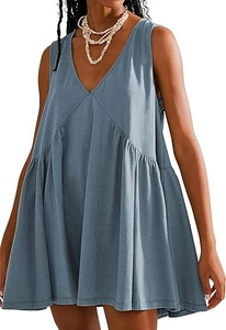 Detail of grey blue V-neck sleeveless dress with pleated waist and handy side pockets
