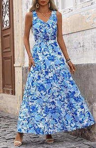 Detailed view of blue floral V-neck maxi dress with tiered ruffle hem and summer pattern