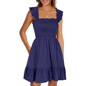 Sleeveless square neck smocked dress in dark blue-violet with ruffled straps and hem