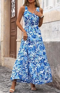 Detailed view of layered blue and white floral print maxi dress with V-neckline