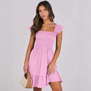 Pink smocked sleeveless mini dress with ruffle sleeves and square neckline for women