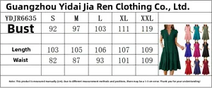 Size chart for V-neck ruffle sleeve midi dress showing bust, waist, and length measurements