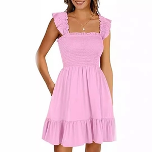 Pink sleeveless smocked dress for women with square neck and ruffle shoulder straps