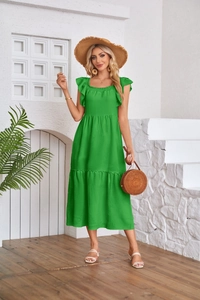 Detail of square neckline and ruffled flutter sleeves on a green tiered maxi dress