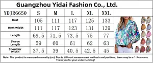 Detailed size chart for long sleeve printed shirt showing bust and length in centimeters
