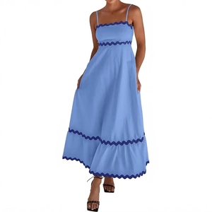 Women Scalloped Trim Cami Midi Dress Backless Smocking High Waist A-Line Summer Vacation Beach Boho Style Sleeveless Dress