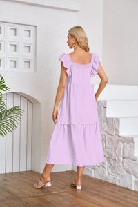 Detail of lavender tiered midi dress featuring flutter sleeves and a ruffled square neckline