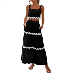Completo Donna Casual Tinta Unita Con Bordi a Festoncino Top And Bottom Scollo Quadrato Senza Maniche Crop Tank Top E Gonna Lunga a Balze Outfit da Vacanza