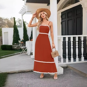 Burnt orange sleeveless midi dress with white scallop trim and stylish thin straps