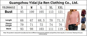Size chart for lace pleated long sleeve top showing measurements from S to XXL in cm