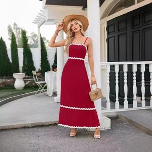 Elegant red maxi dress with spaghetti straps and white ruffled lace trim for summer holidays
