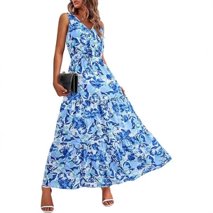 Women V Neck Sleeveless Floral Print Tiered Maxi Dress Bohemian Summer Casual Elastic Waist Vacation Long Beach Dress
