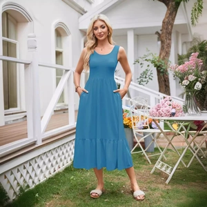 Women Casual Sleeveless Midi Dress Square Neck Tiered Ruffle Hem Sundress With Pockets Summer Vacation Bohemian Dress