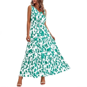 Women V-neck sleeveless tiered maxi dress with green botanical floral print and elastic waist