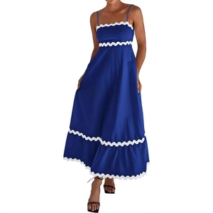 Elegant navy blue sleeveless midi dress with scalloped white trim and thin straps