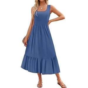 Elegant sky blue square neck sleeveless tiered maxi dress with pockets for summer vacation