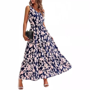 Deep blue V-neck sleeveless floral maxi dress with tiered skirt and elastic waist design