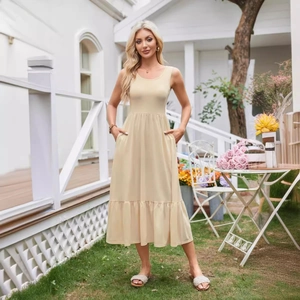 Elegant apricot sleeveless square neck dress with pockets and ruffled hem for summer leisure