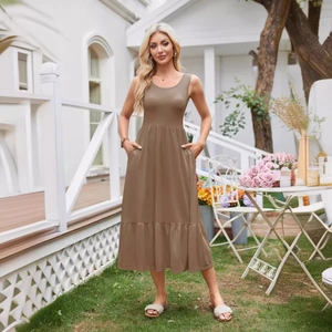 Elegant sleeveless square neck maxi dress with pockets and ruffle hem in khaki brown