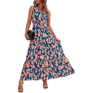 Sleeveless V-neck floral maxi dress with tiered skirt in navy blue summer style