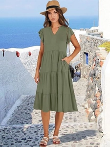 Detail of olive green V-neck tiered midi dress with flutter sleeves and side pockets