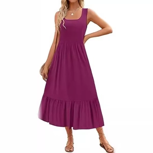 Elegant plum square neck sleeveless maxi dress with high waist and ruffle hem design