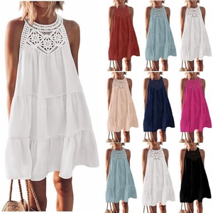 Abito da Donna con Scollo all'Americana Senza Maniche in Pizzo Svuotato Abito Midi a Balze Bohemien Estate Spiaggia Vacanza Abito Casual
