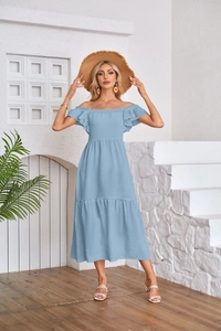 Detail of light blue off-shoulder midi dress featuring ruffle sleeves and pleated hemline