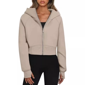 Women's khaki scuba zip-up cropped hoodie with thumbholes and wide ribbed hem