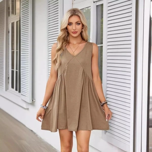 Elegant sleeveless V-neck pleated tunic dress in khaki featuring handy side pockets