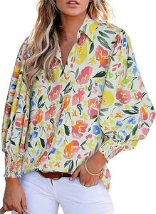 Detail of floral print shirt featuring a classic collar and puffy lantern sleeves for women