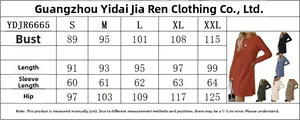 Size chart for women's long sleeve crewneck dress with measurements from S to XXL
