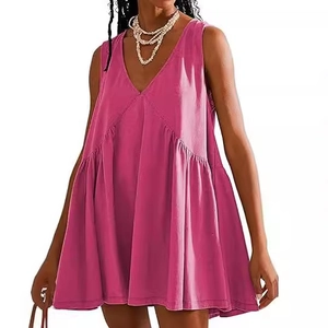 Sleeveless rose pink babydoll dress with deep V-neck and ruffled A-line hem in cotton-linen
