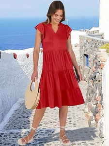 Detail of V-neck tiered midi dress with ruffle sleeves in dark red for summer vacation